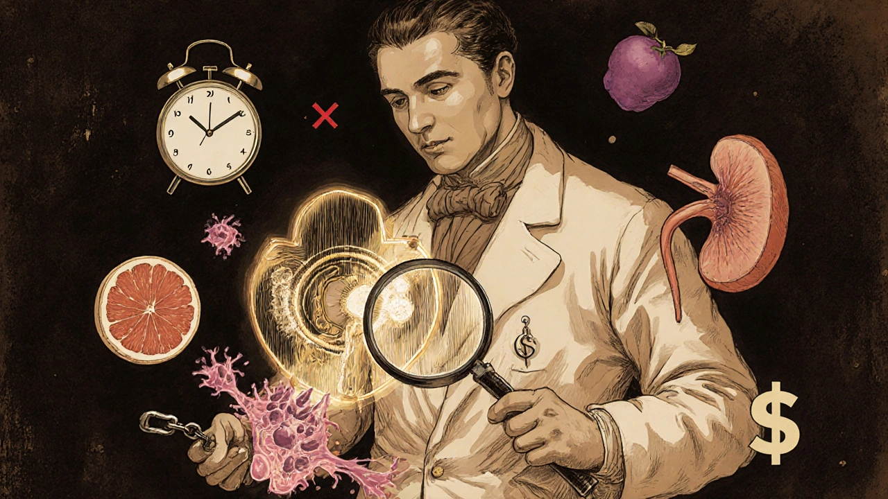 A doctor examining an immune system diagram with T-cells attacking an organ, surrounded by medical icons.
