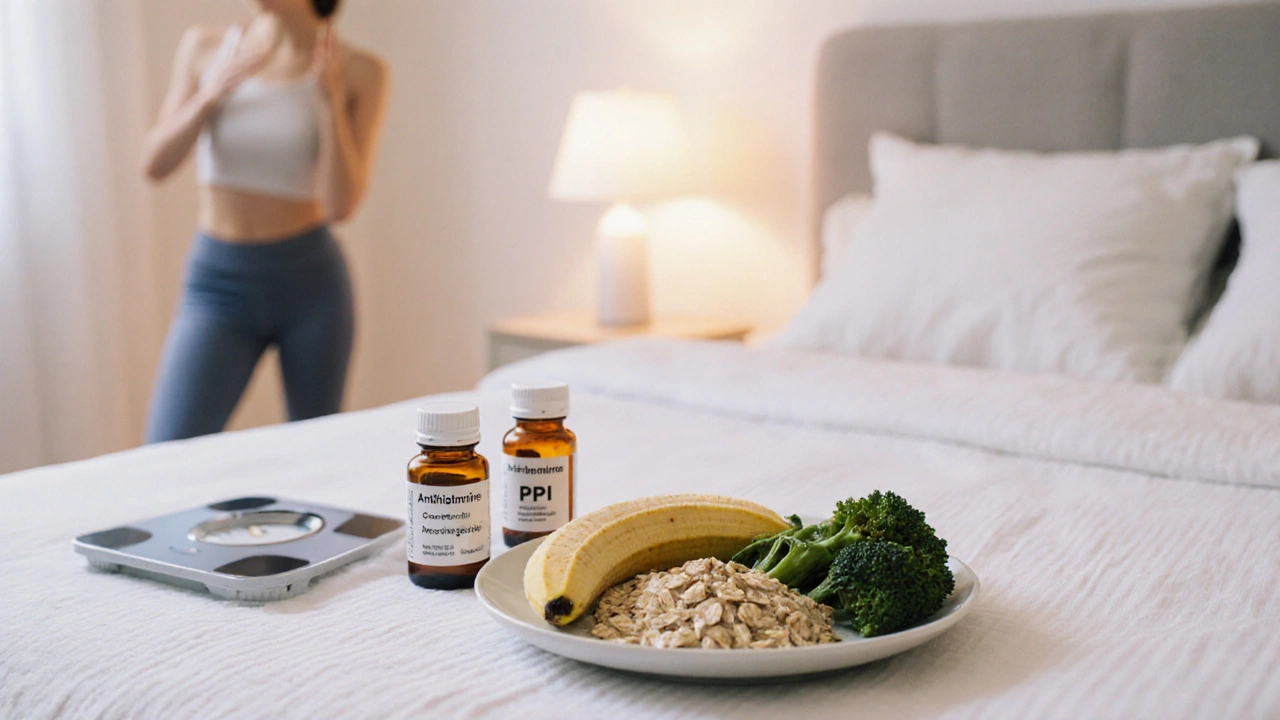 Balanced low‑acid meal, medication bottles, elevated bedside, and light exercise for relief.