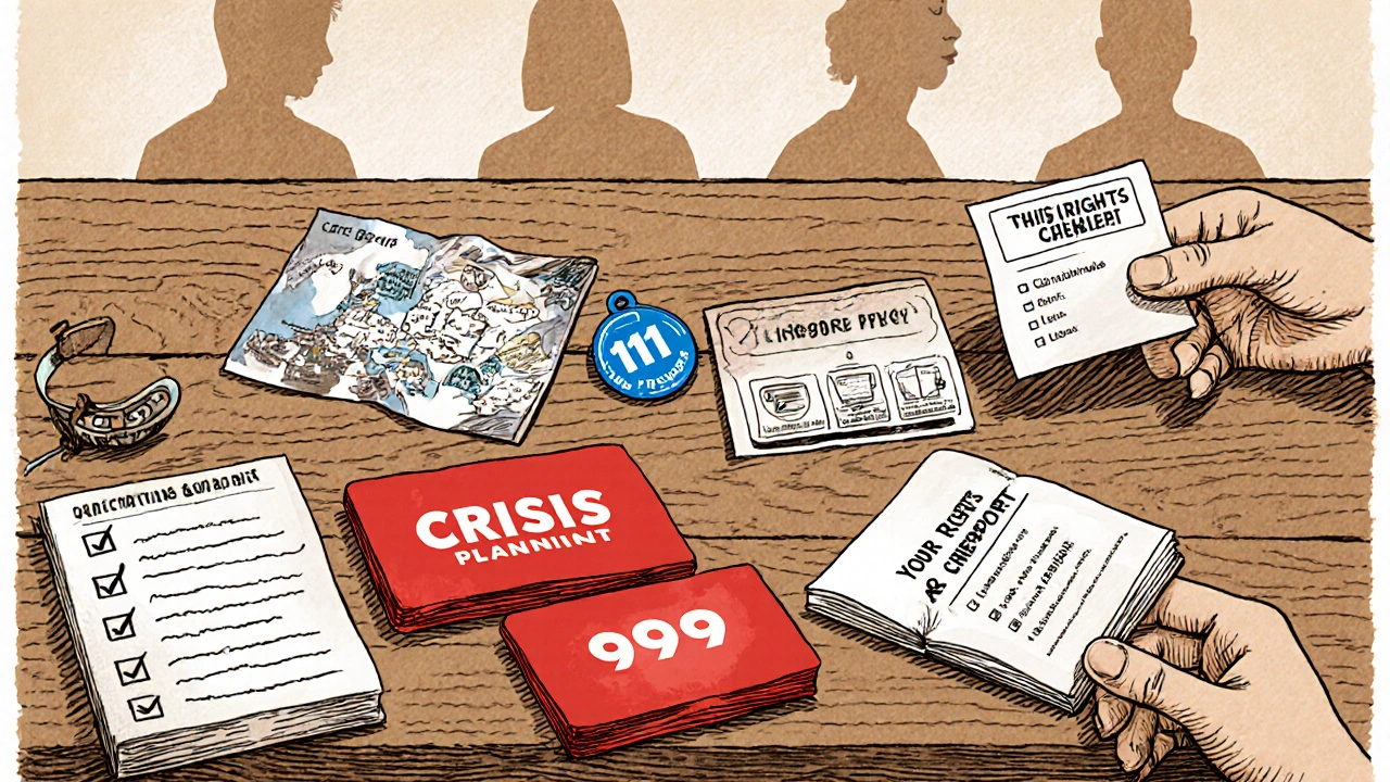 Crisis plan toolkit on a table with 111, 999 cards, checklist, and support‑group flyer.