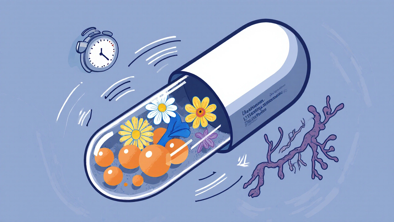 Cross‑section cartoon of Himcolin capsule showing melatonin, chamomile, L‑theanine, and valerian.