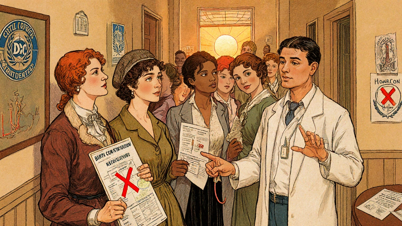 Diverse group of women in historical clothing learning about safe contraception in a clinic, one pointing to an IUD diagram.