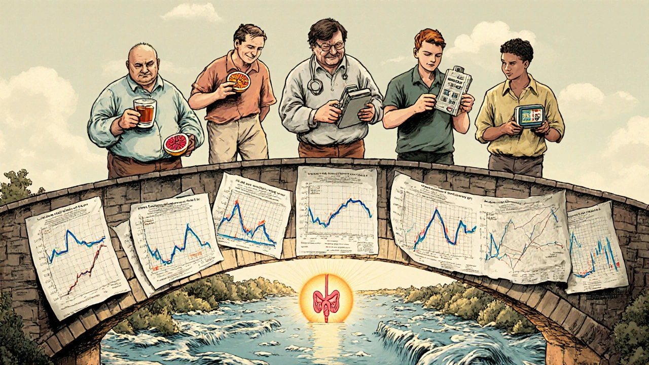 Diverse transplant patients on a bridge of medical charts, each holding a different immunosuppressant drug.