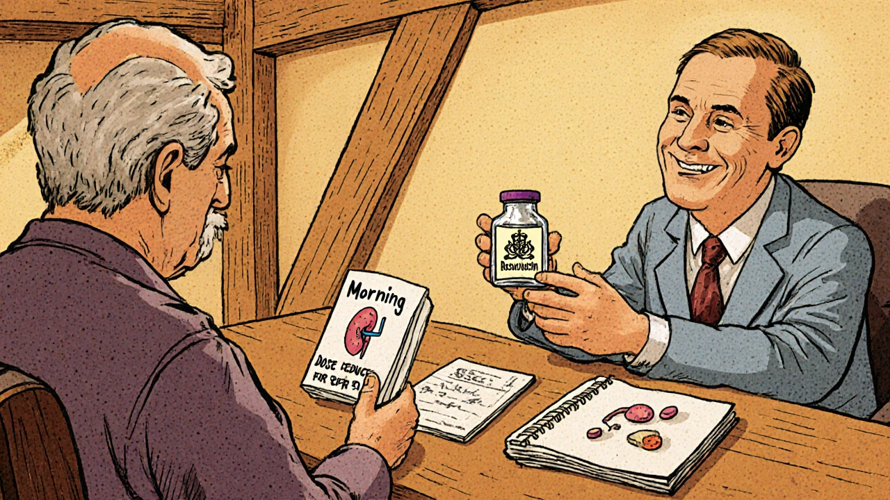 Doctor advises patient on rosuvastatin dosage with a pill bottle and kidney illustration.