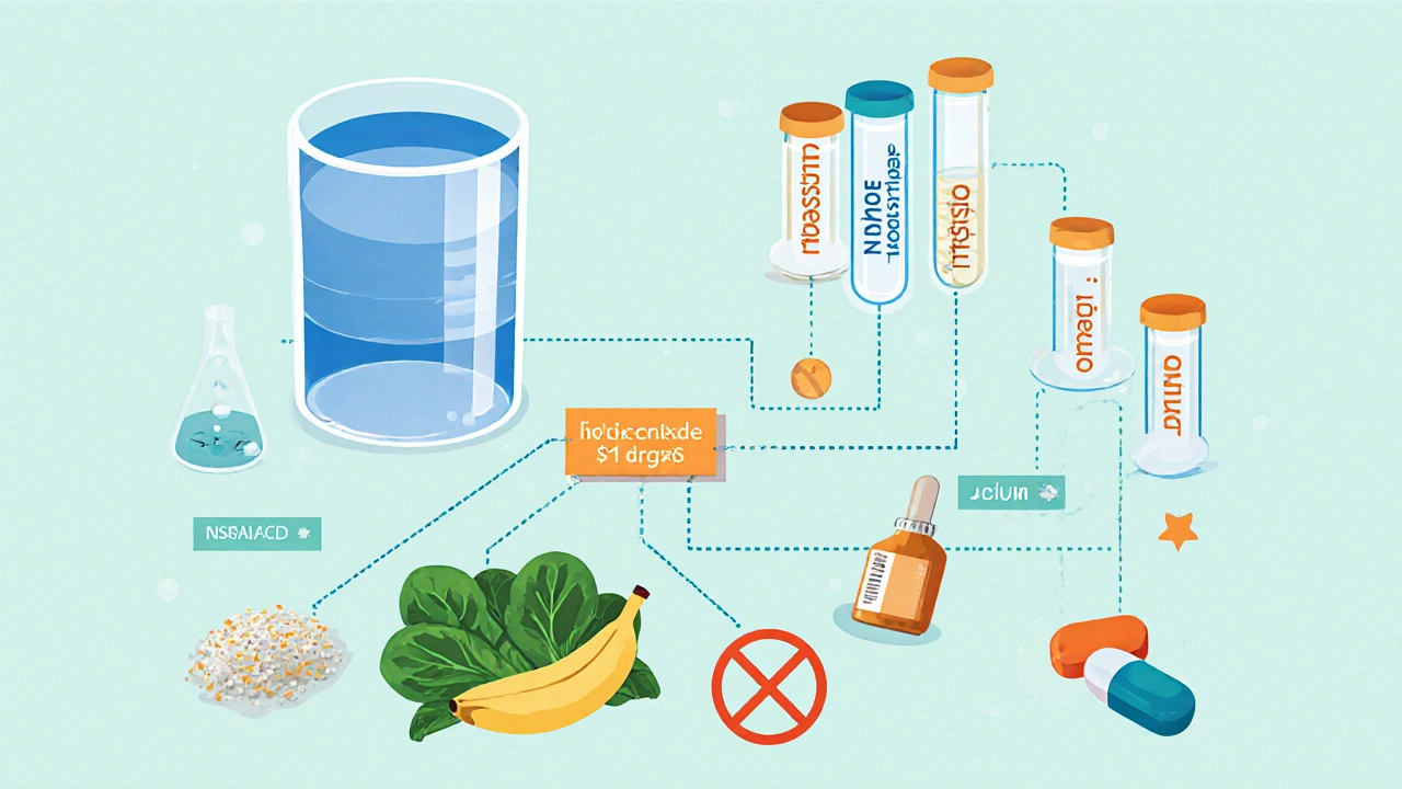 Hydration glass, lab test tubes, potassium‑rich foods, and crossed‑out drug interaction icons.