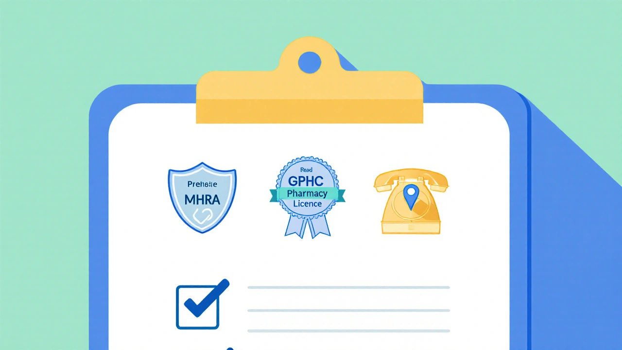 Illustrated checklist showing MHRA registration, GPhC licence, and address verification.