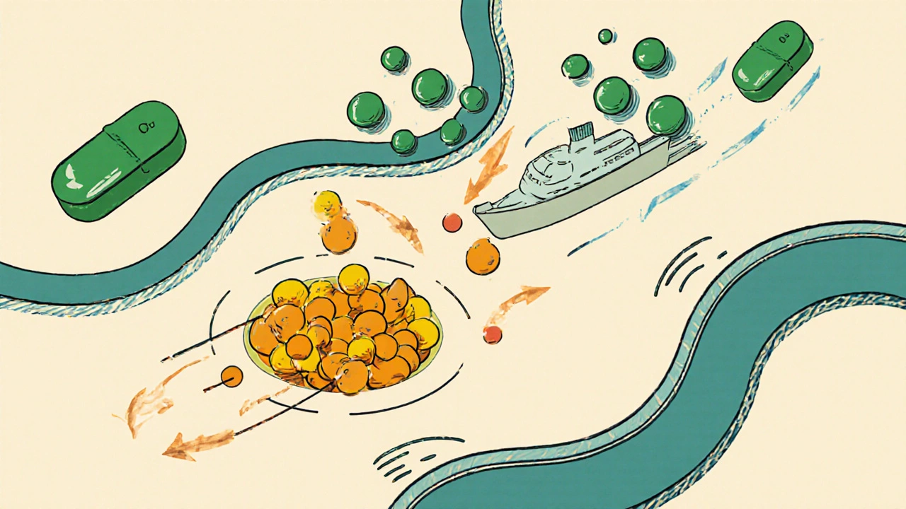 Illustration of albumin releasing bilirubin as a sulfonamide pushes it away.
