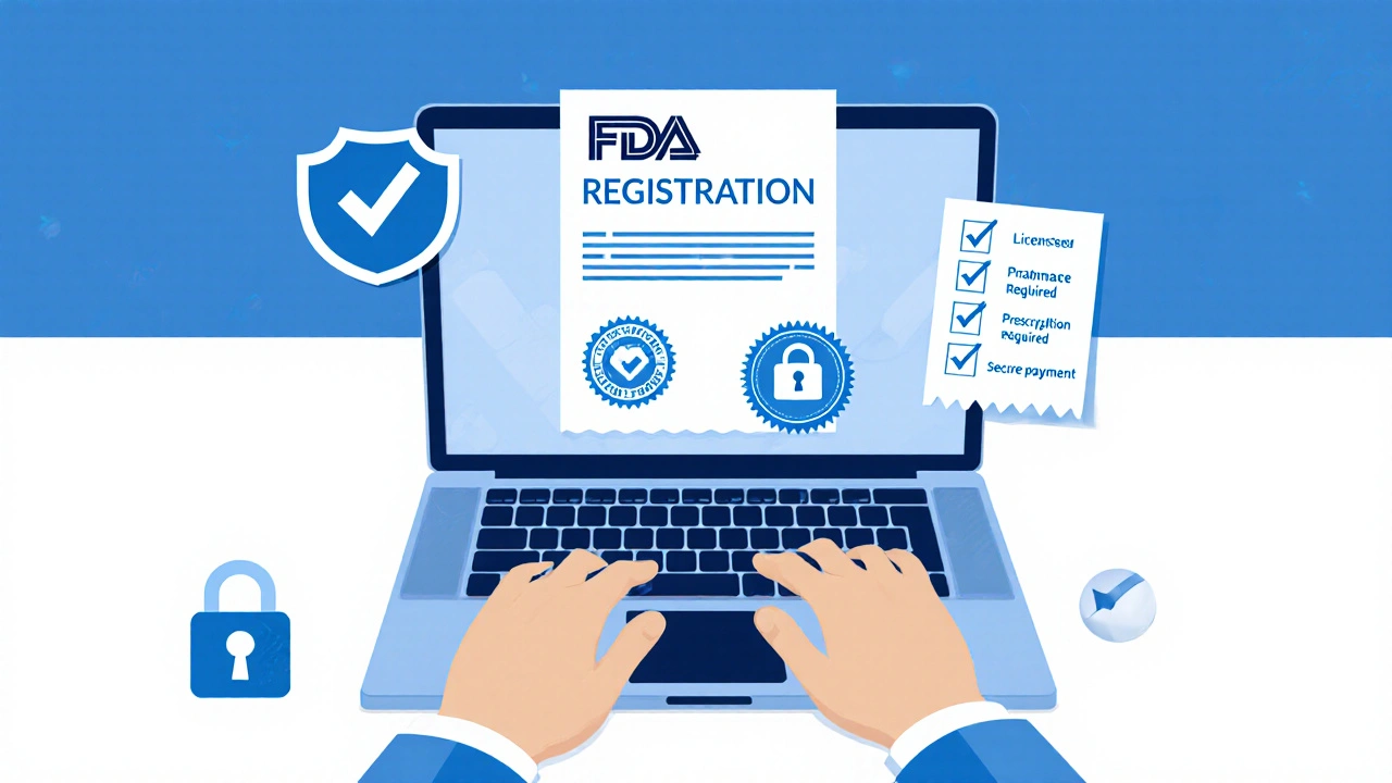Illustration of laptop screen showing pharmacy verification icons and a prescription.