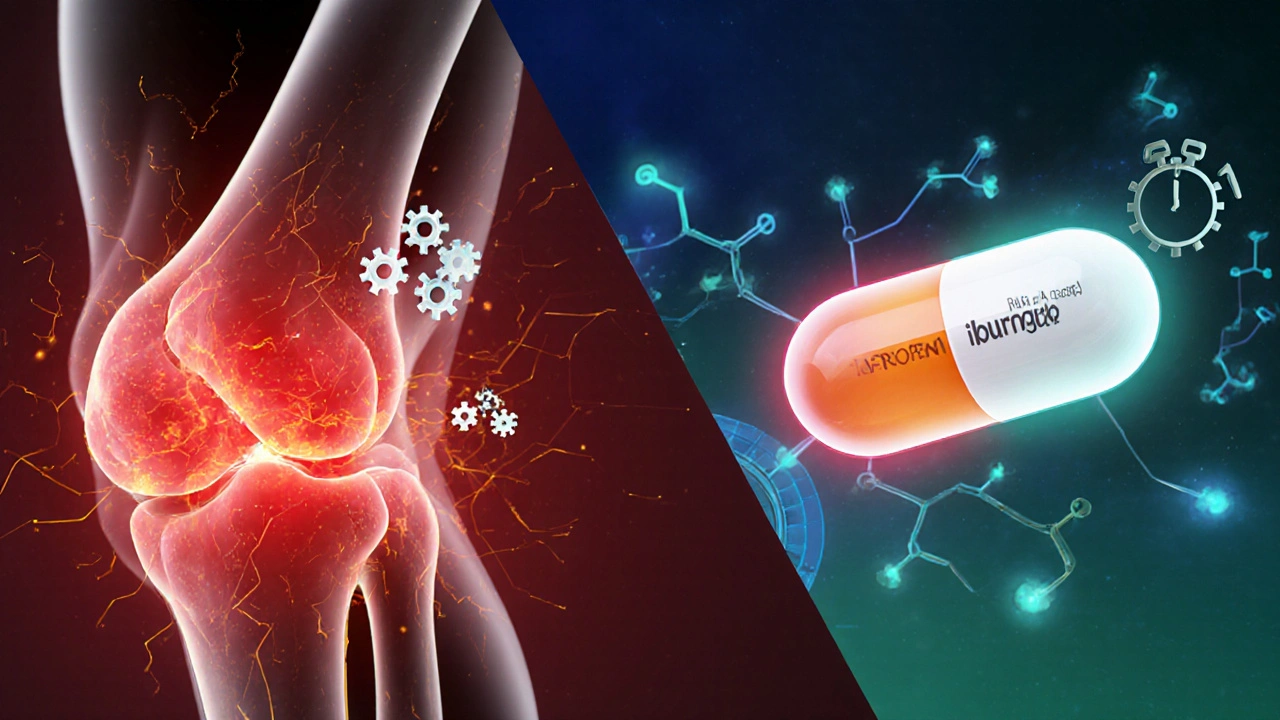 Illustration showing naproxen blocking inflammation in a joint, contrasted with fast‑acting ibuprofen.