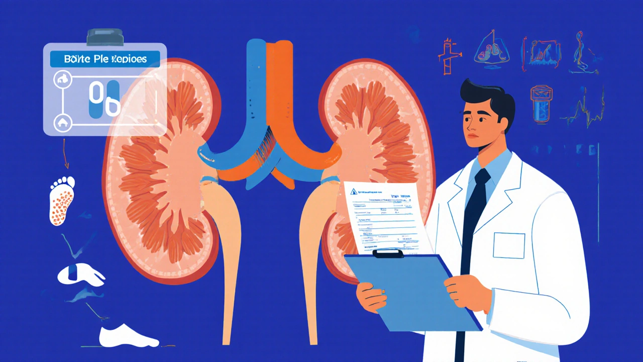 Kidneys with electrolyte gauge and symbols for rash, gout, high blood sugar, doctor reviewing labs.