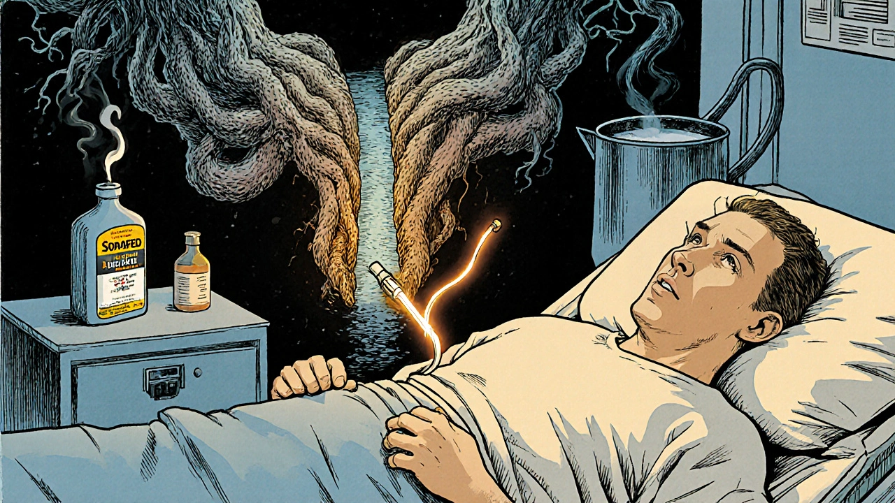 Man on hospital gurney with catheter, prostate as tree root squeezing urethra, saline rinse glowing beside.