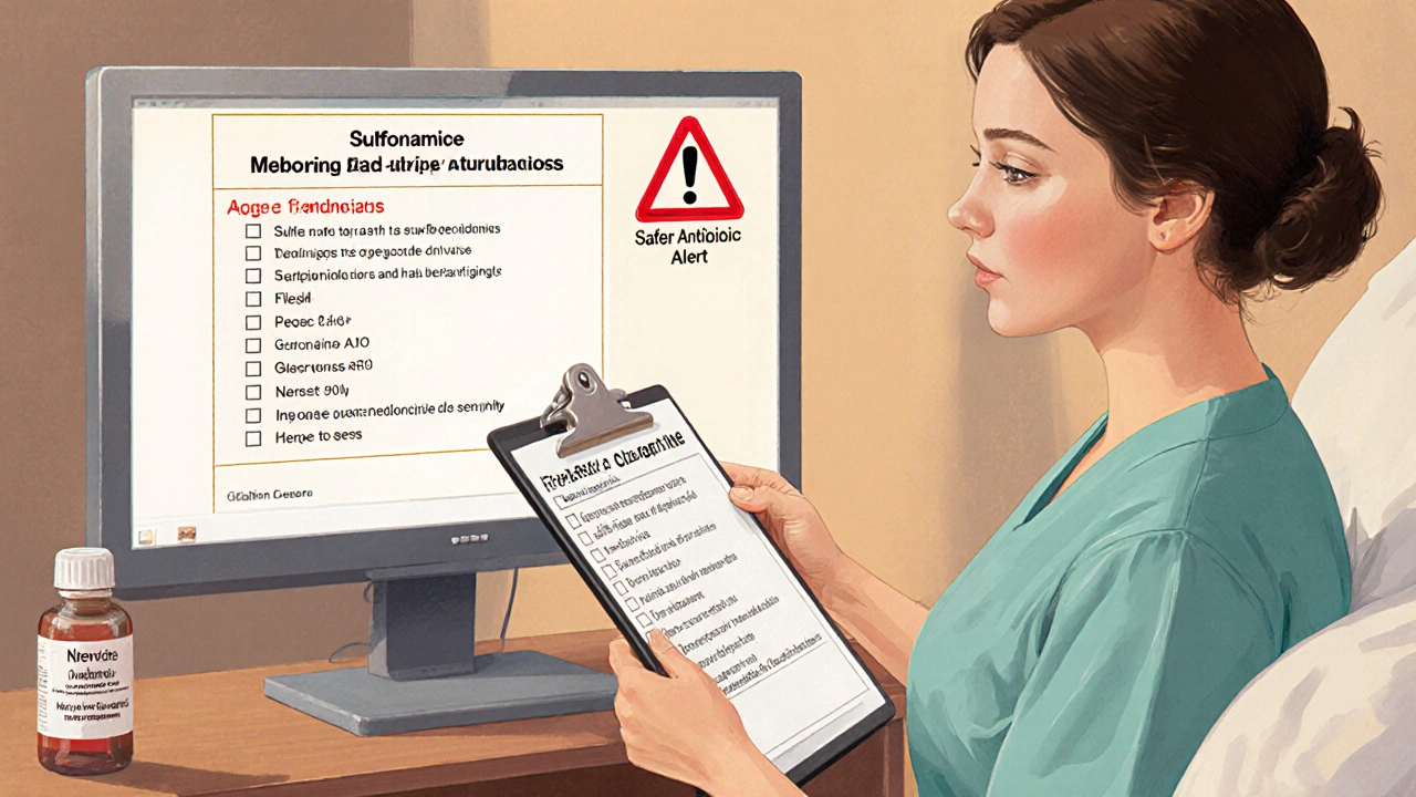 Neonatal nurse checks medication safety checklist with alert on screen.