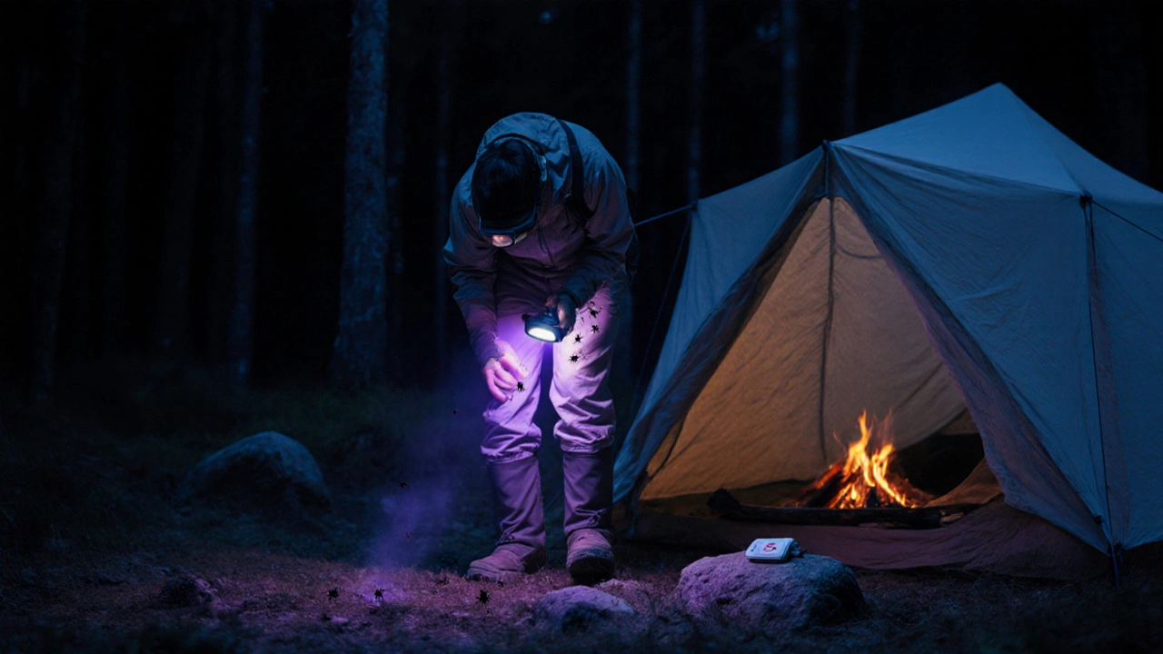 Night scene of hiker using UV headlamp to check for ticks near a tent with mosquito net.