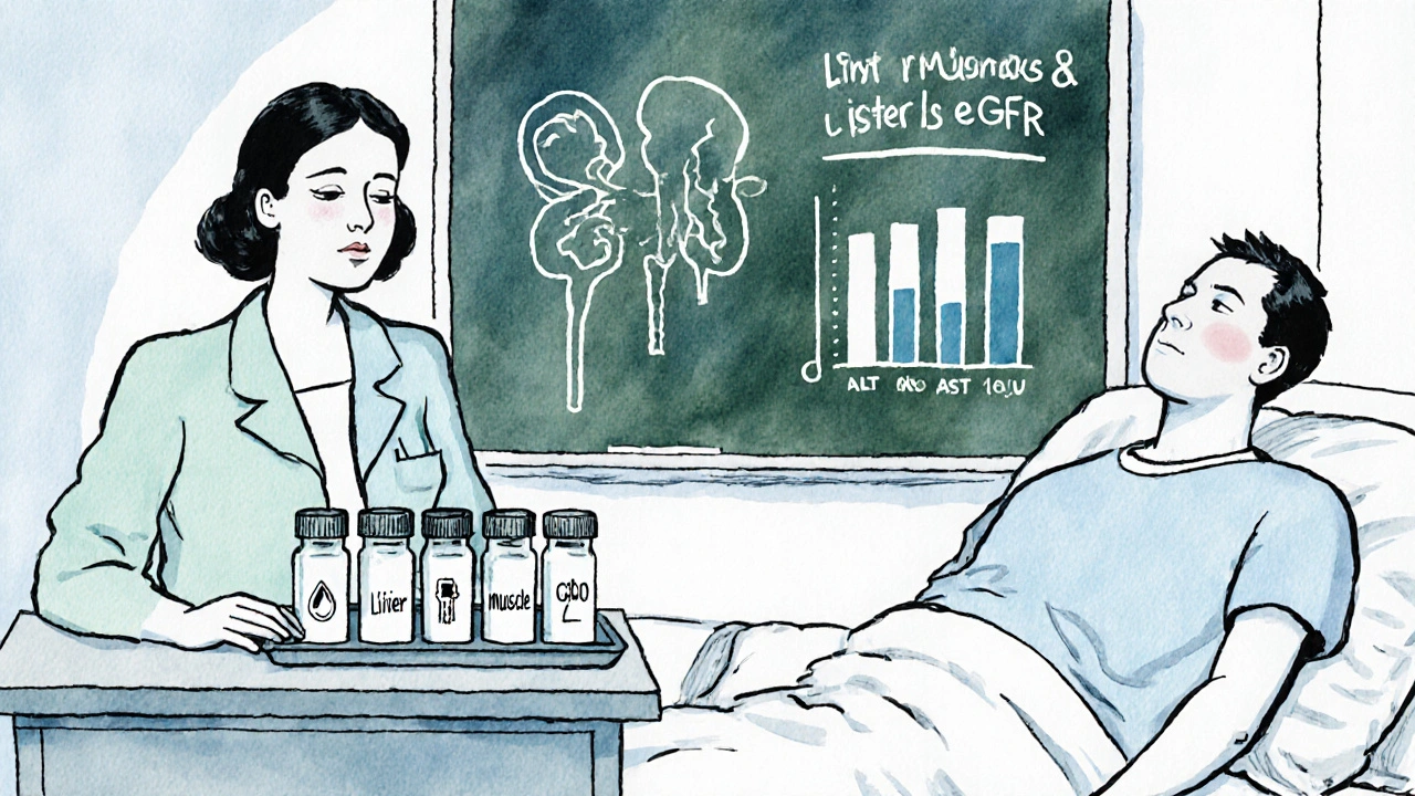 Nurse shows lab vials for liver, muscle, kidney while patient holds his thigh.