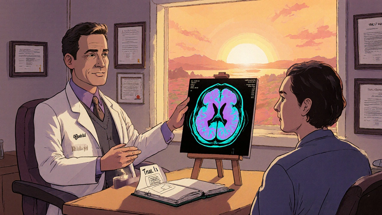 Oncologist discusses MRI brain scan and nanoparticle delivery with hopeful patient.