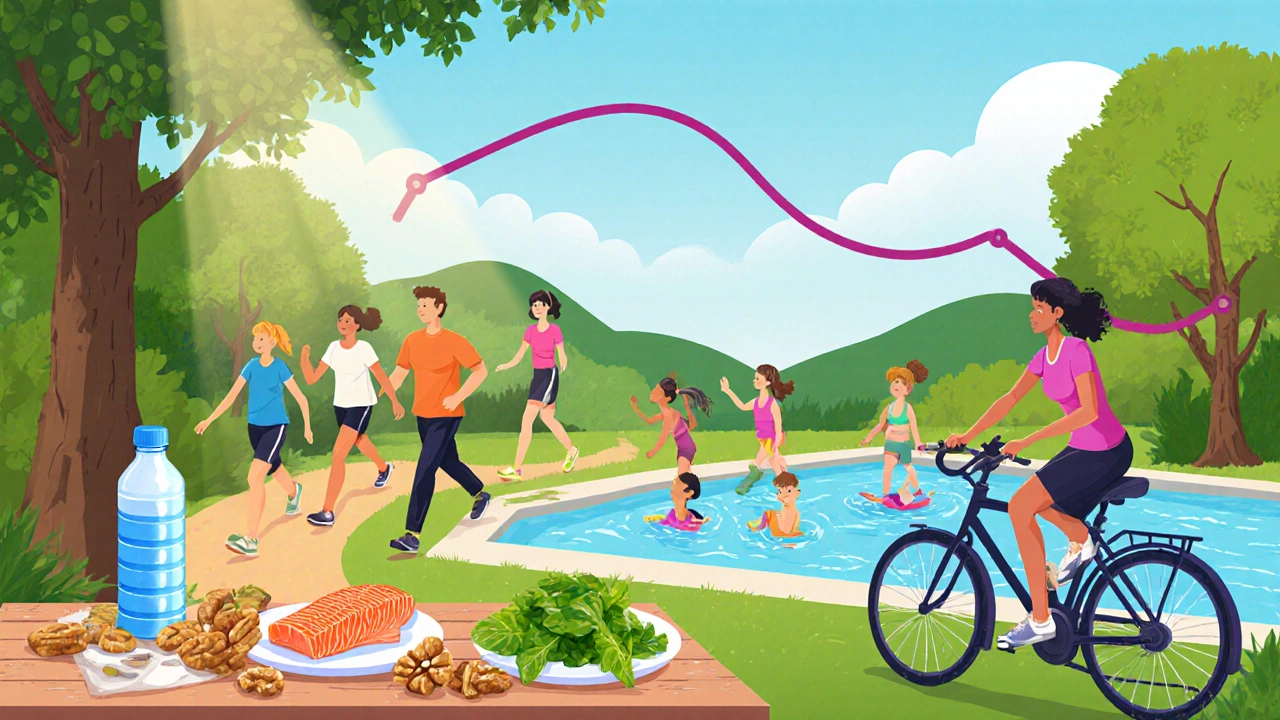 Outdoor scene of people exercising with healthy foods and a subtle BMI‑reduction line.