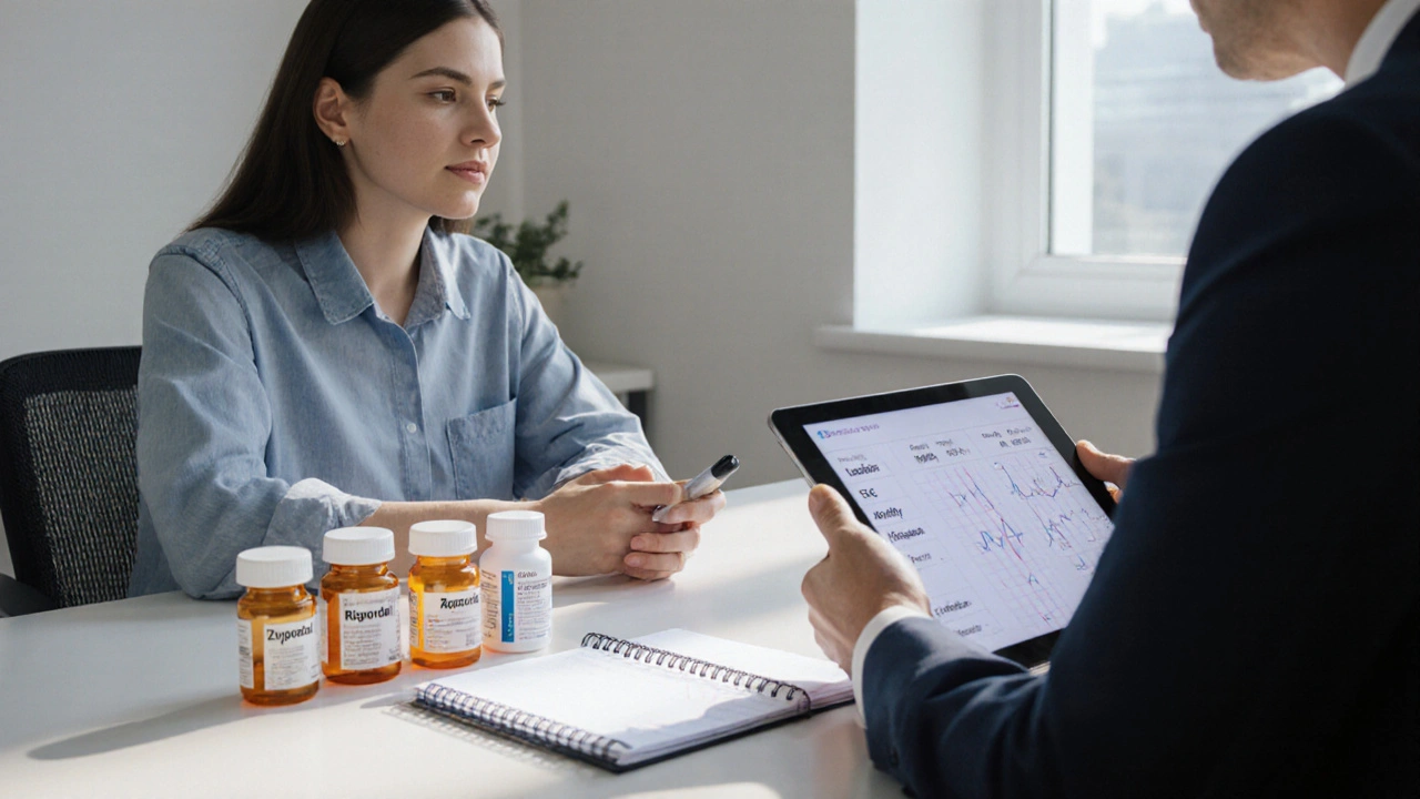 Patient and psychiatrist reviewing lab results with medication bottles on the desk.