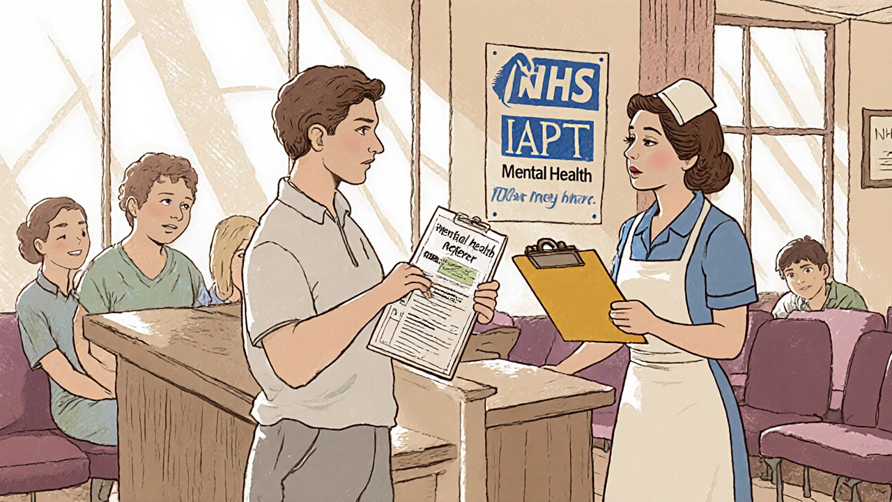Patient receiving a mental‑health referral at a GP surgery reception desk with NHS signage.