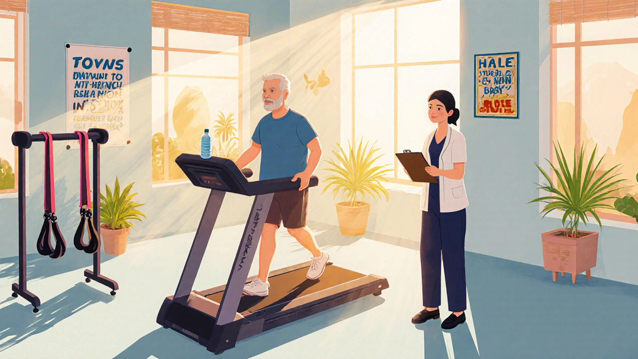Patient walks on a treadmill in a bright gym while a therapist watches.