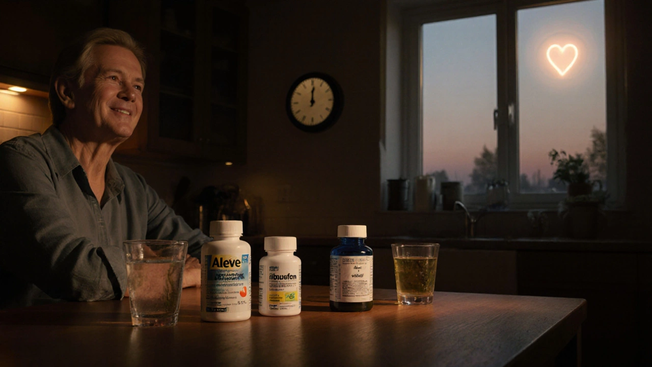 Person at kitchen table with various pain‑relief bottles, water, and a calm evening atmosphere.