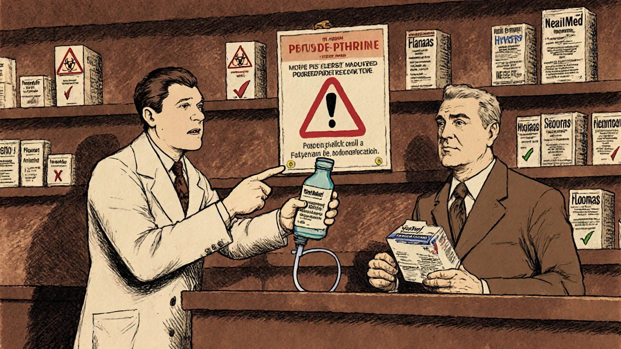 Pharmacist offering saline rinse to customer holding decongestant, warning signs on wall.
