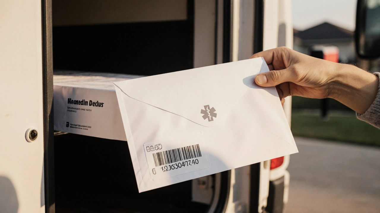 Plain envelope with medical cross watermark being delivered to a doorstep.