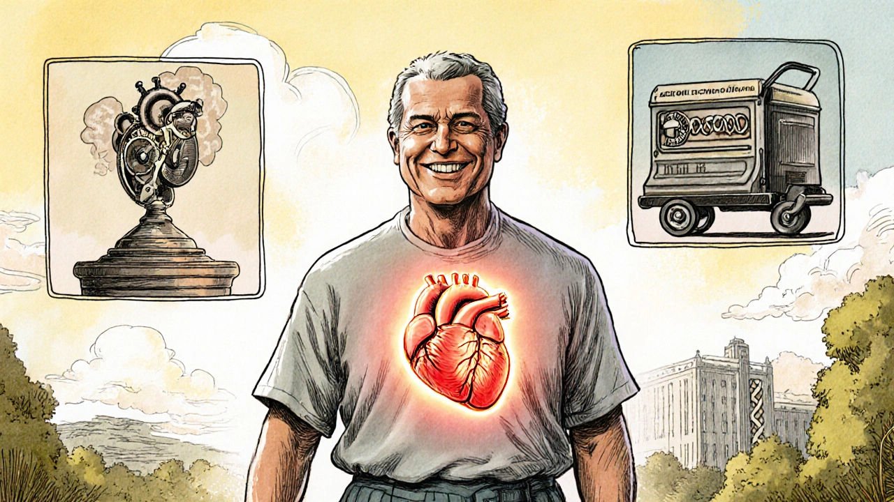 Recovered patient walking with glowing heart imagery and futuristic medical devices around them.