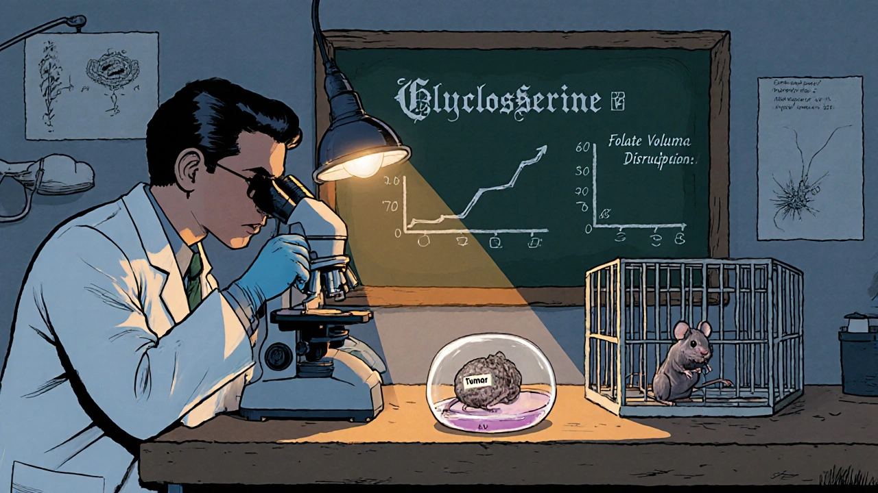 Scientist examines glioblastoma spheroid; mouse with brain tumor shown beside data chart.