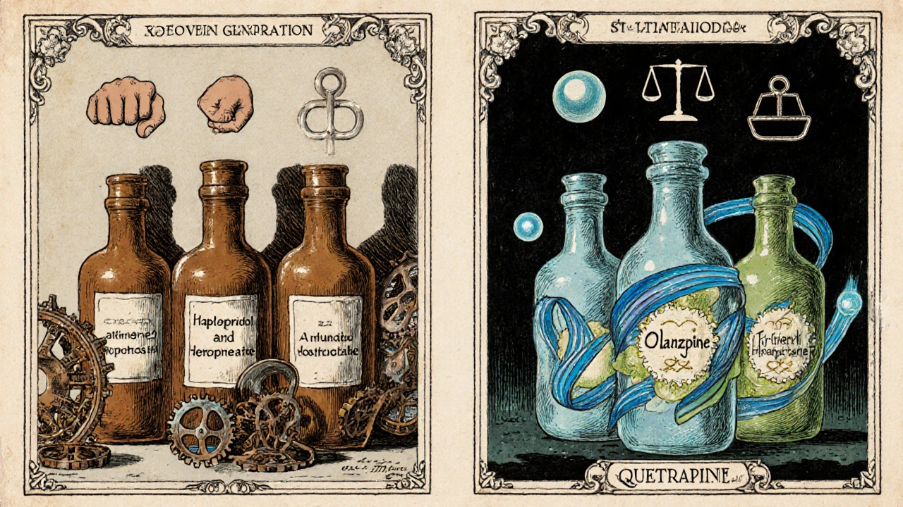 Side‑by‑side panels showing first‑generation pills with gear motifs and second‑generation vials with serotonin ribbons, Howard Pyle style.