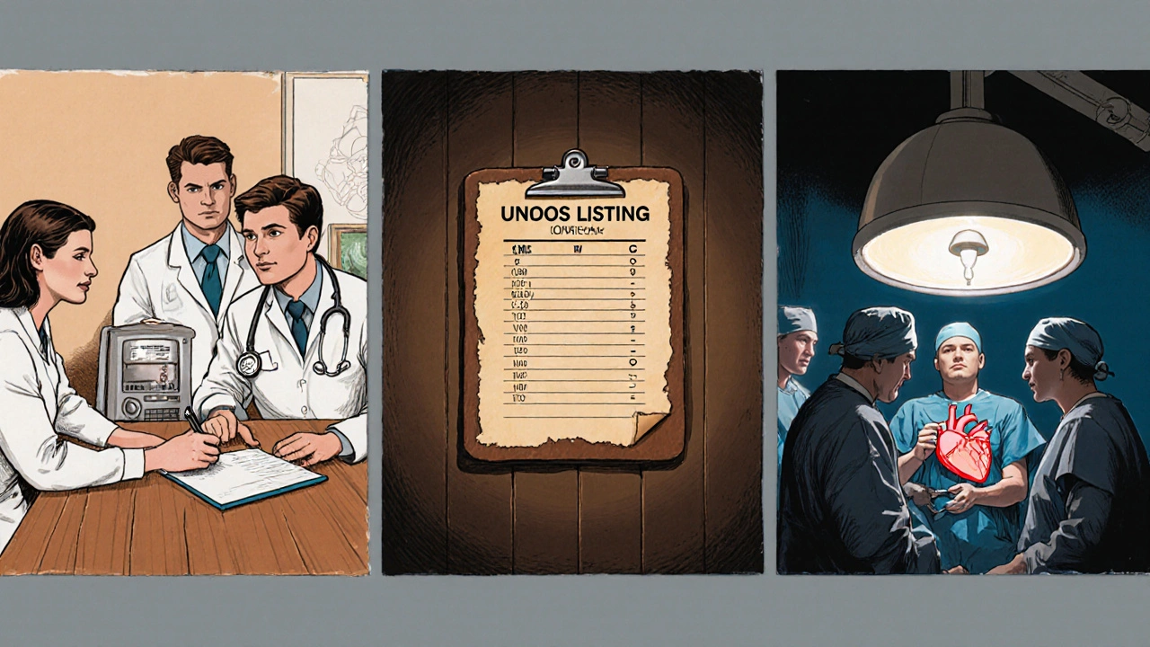 Storyboard of evaluation, donor listing, and transplant surgery in a detailed cartoon style.