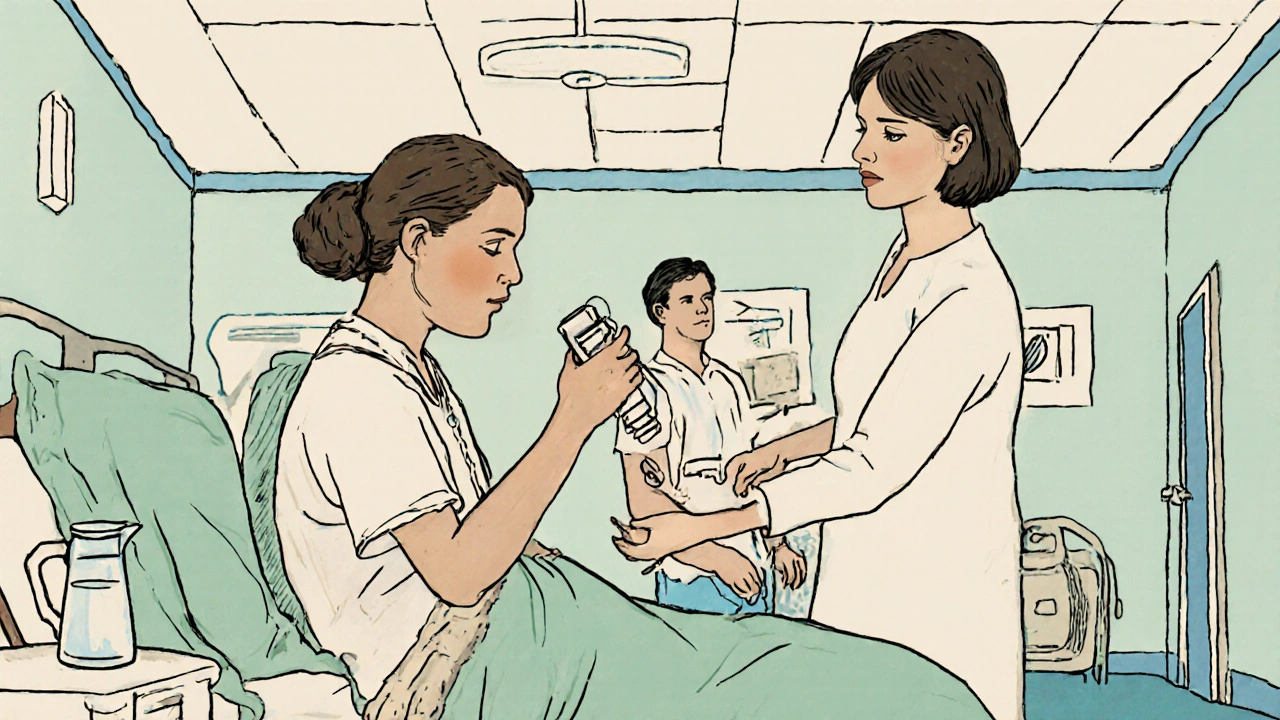 Therapists demonstrate breathing exercises and passive arm movement in a recovery ward.