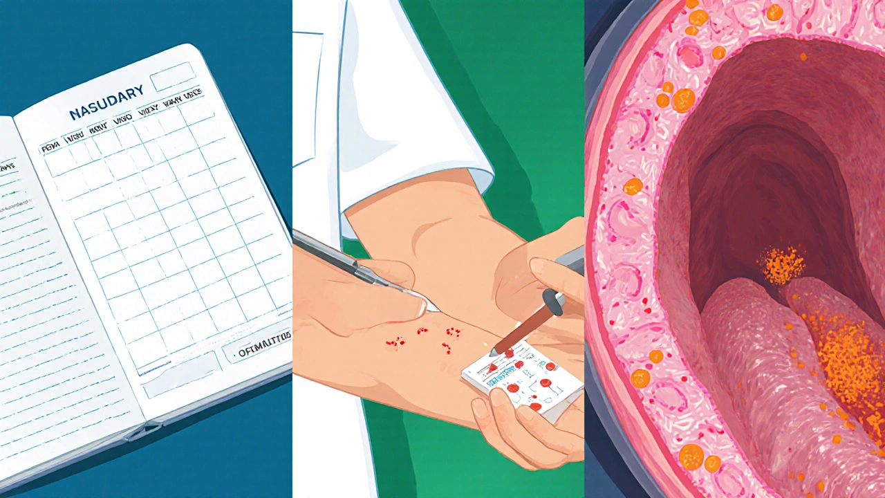 Three panels: food diary, skin prick test, endoscopic view of eosinophilic esophagitis.