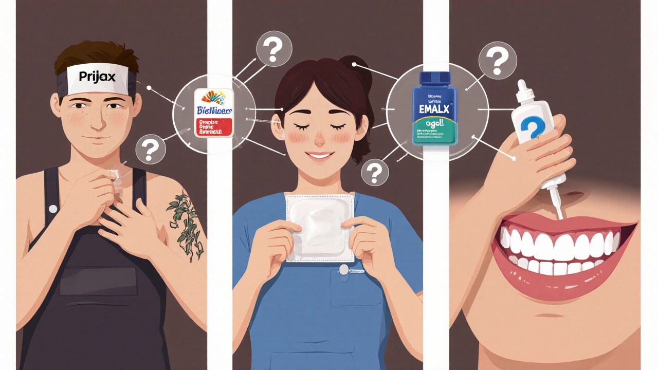 Three split scenes: tattoo artist using Prilox, nurse using EMLA for IV, dentist applying Oraqix, linked by decision icons.