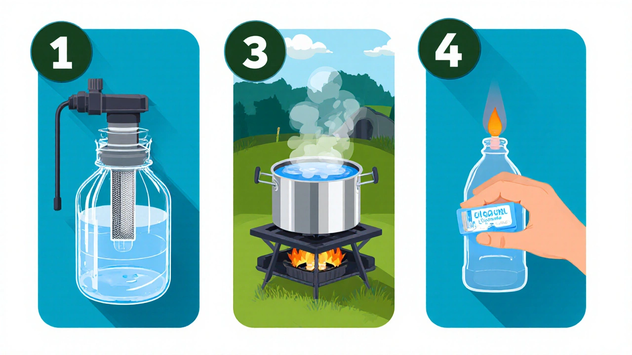 Three-step water treatment: filter, boil, chemical tablet, shown in bright daytime campsite.