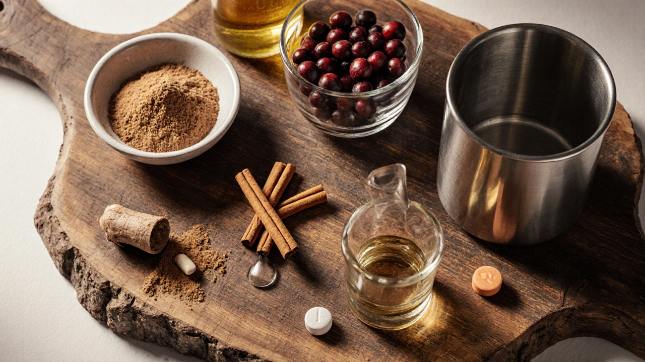 Top-down view of maca root, vitex berries, cinnamon, vitamin D bottle, and iron tablets on a wooden board.