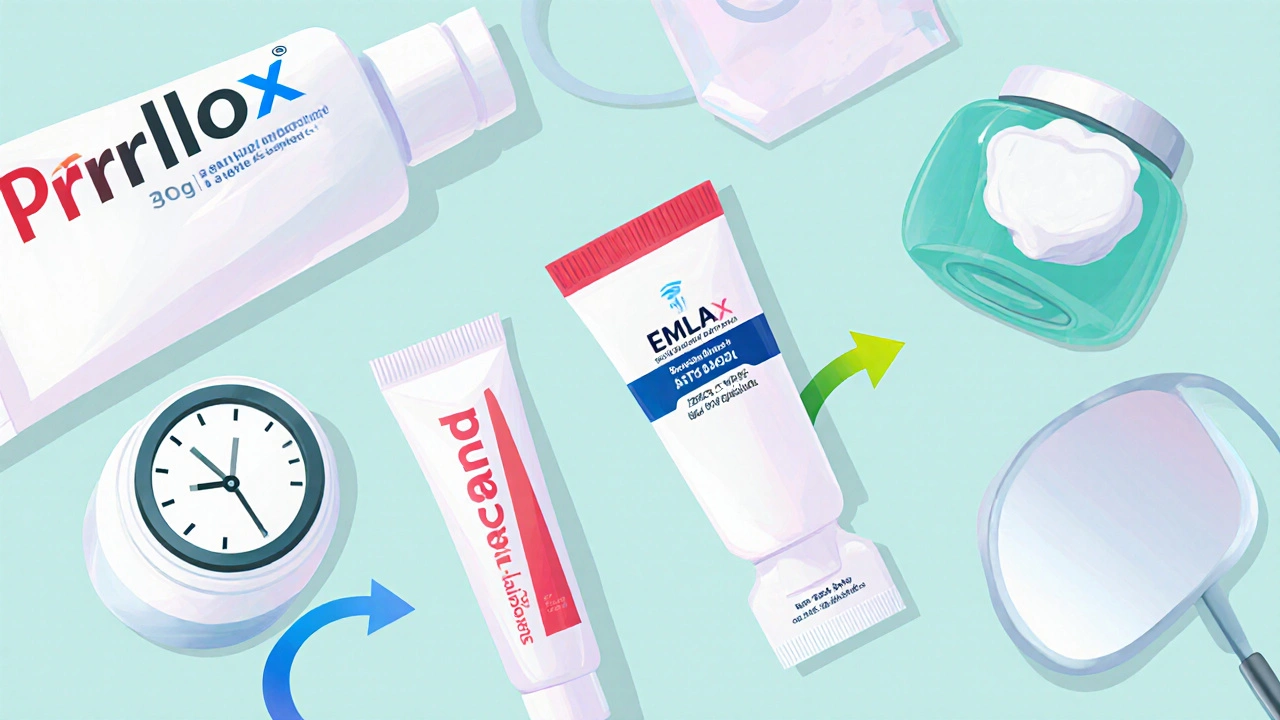 Top‑down view of Prilox, EMLA, benzocaine gel, and Oraqix tubes with clocks and depth arrows illustrating their properties.