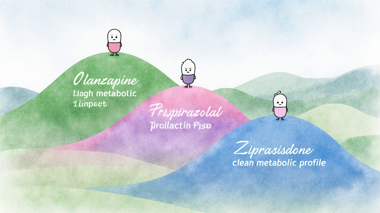 Watercolor landscape with hills representing side‑effect levels for different antipsychotics.