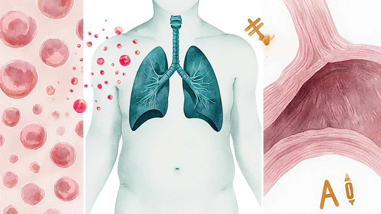 Watercolor panels showing fat cells releasing cytokines, compressed diaphragm, and narrowed airway.