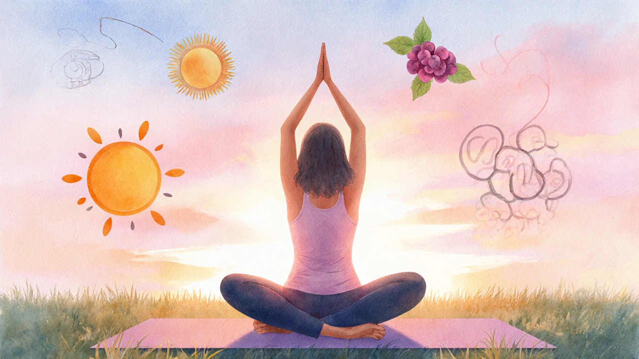 Woman doing yoga at sunrise surrounded by subtle symbols of natural supplements and stress relief.