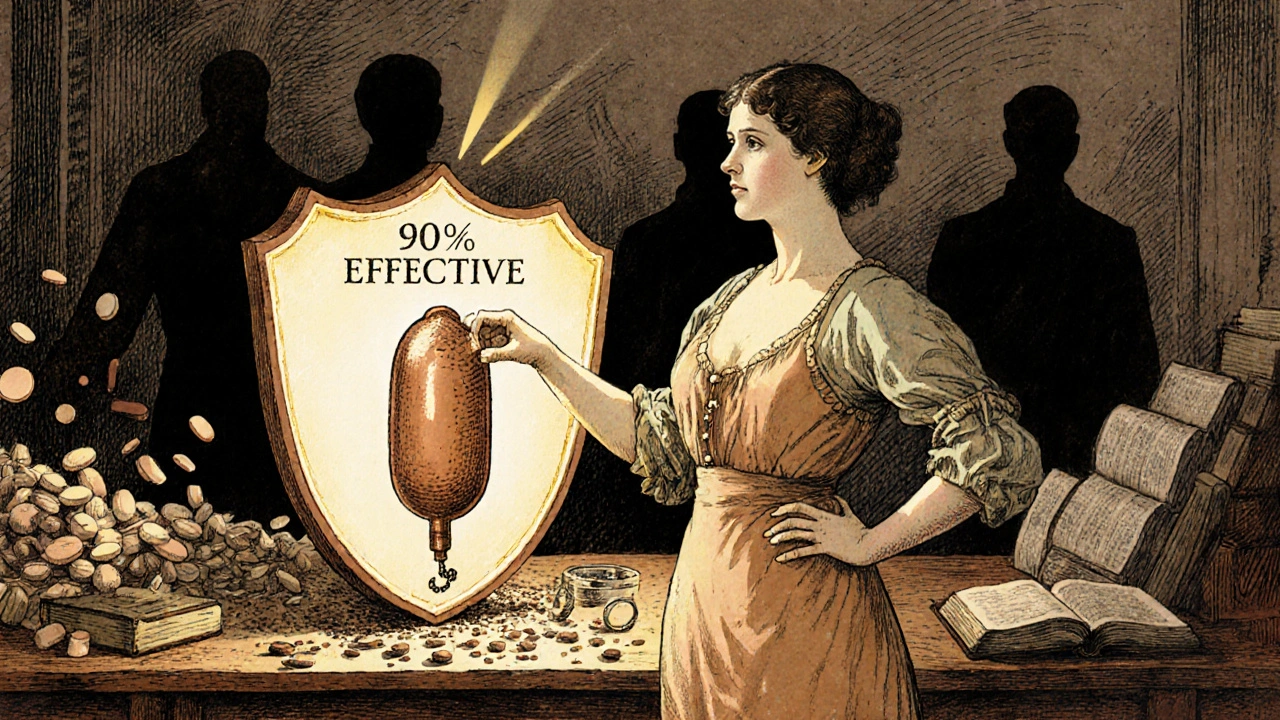 Woman standing beside a glowing copper IUD while hormonal contraceptives crumble into dust behind her.