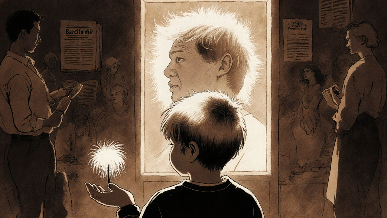 A child holding a new sprout of hair as a glowing future version of themselves appears behind them.