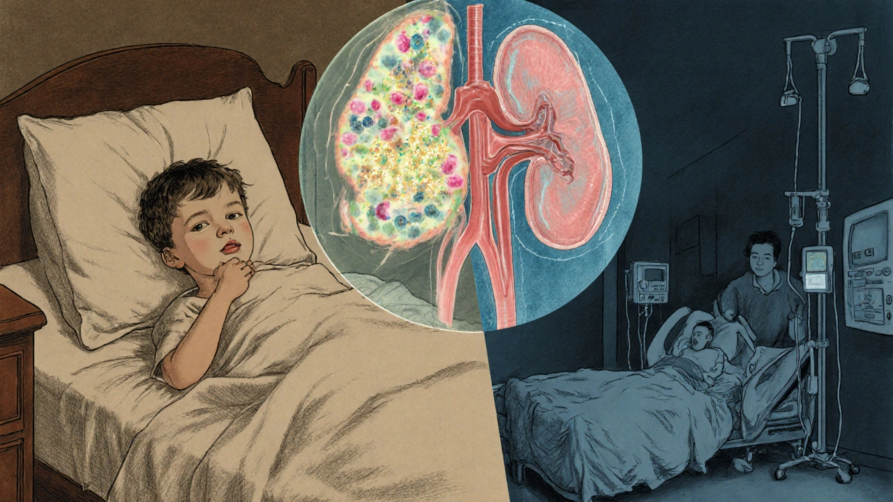A child with DKA shown in two scenes: at home with symptoms and in hospital receiving treatment.