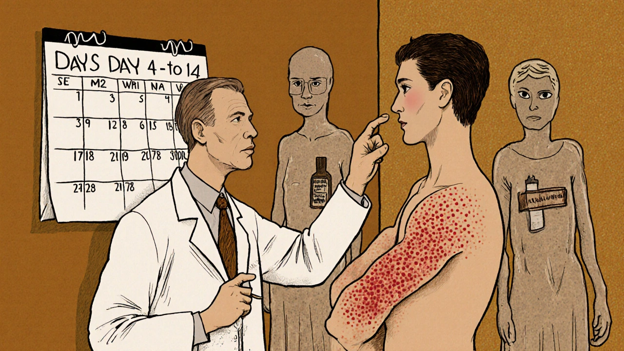 A doctor and patient examining a rash on the arm, with a calendar showing days 4 to 14 in the background.