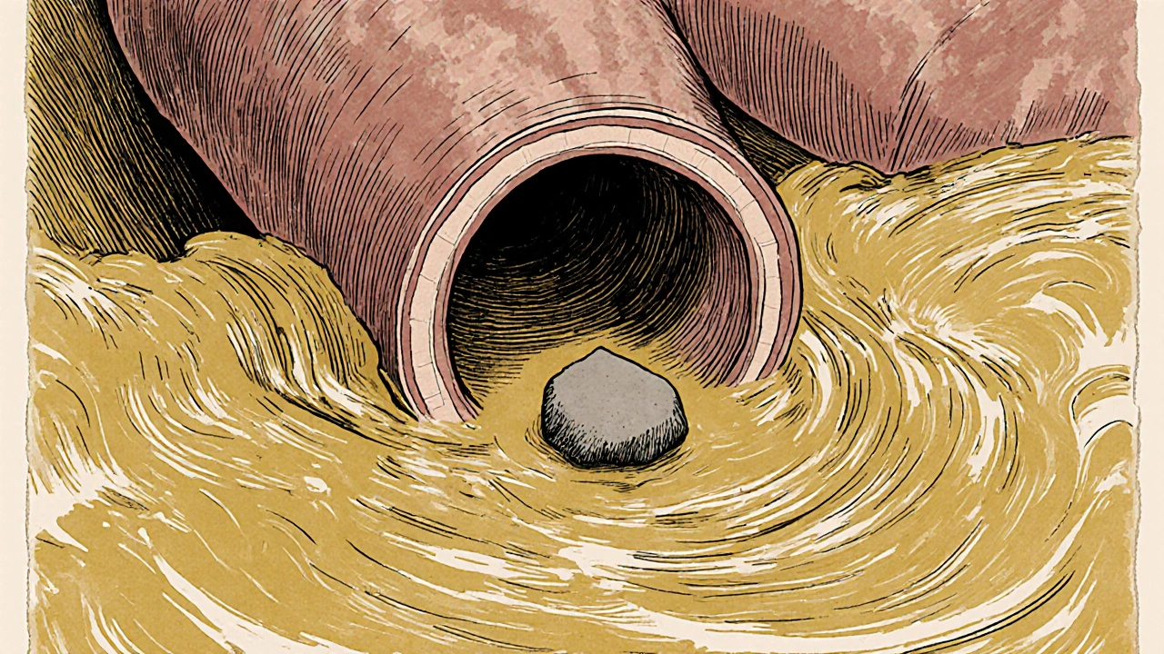 A gallstone moving through a bile duct, illustrated as a pebble in a golden flow.