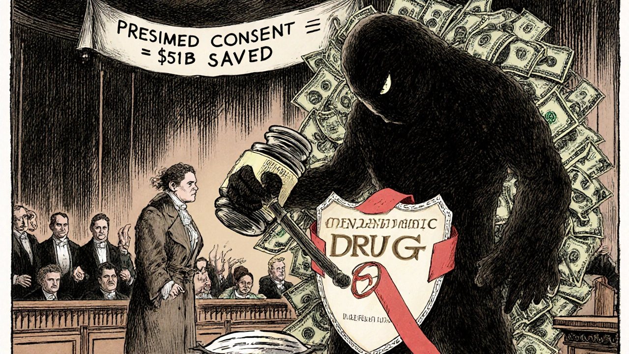 A giant brand-name monster being defeated by a generic drug shield in a courtroom, with legislators watching.