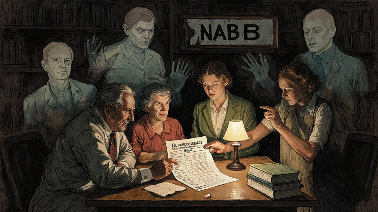 A group verifies a pharmacy license by lamplight, ghostly fake drugs fading behind them as hope shines forward.