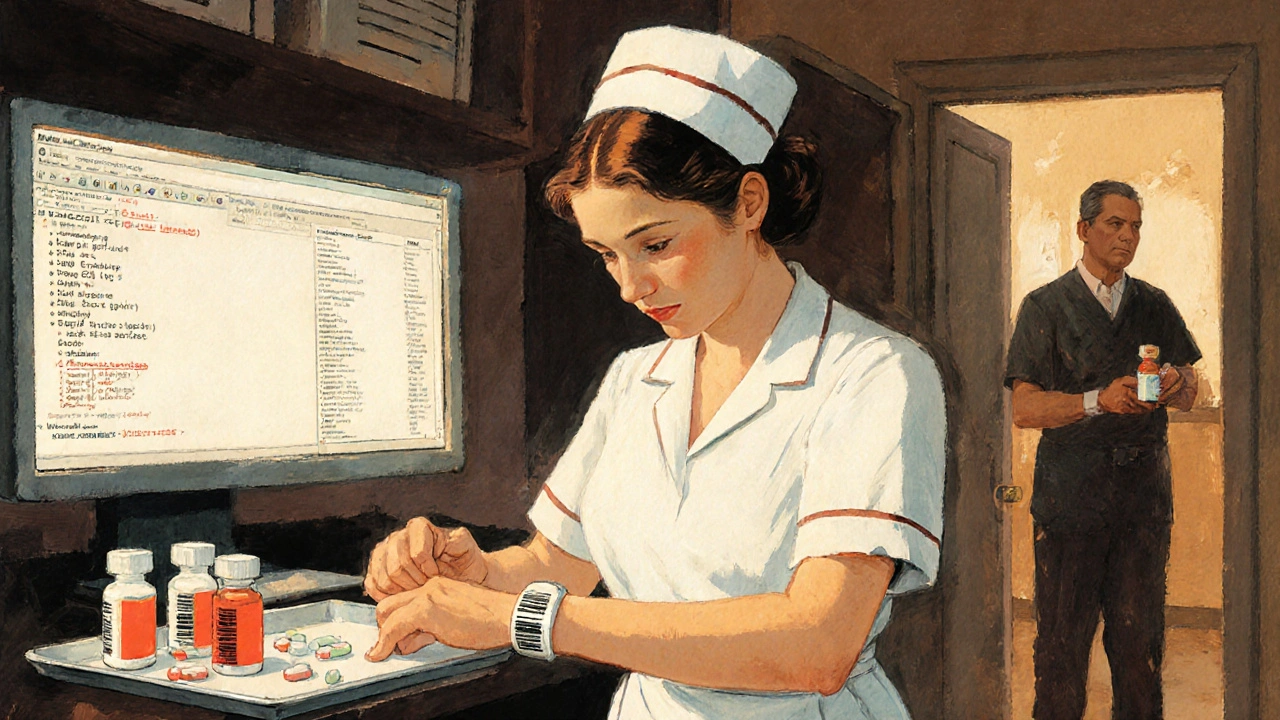 A hospital nurse overwhelmed by barcode scanning system and alert fatigue.