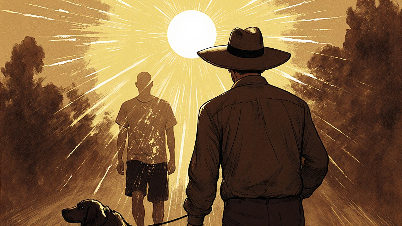 A man in protective clothing walks his dog under intense sun, while another suffers invisible burns.