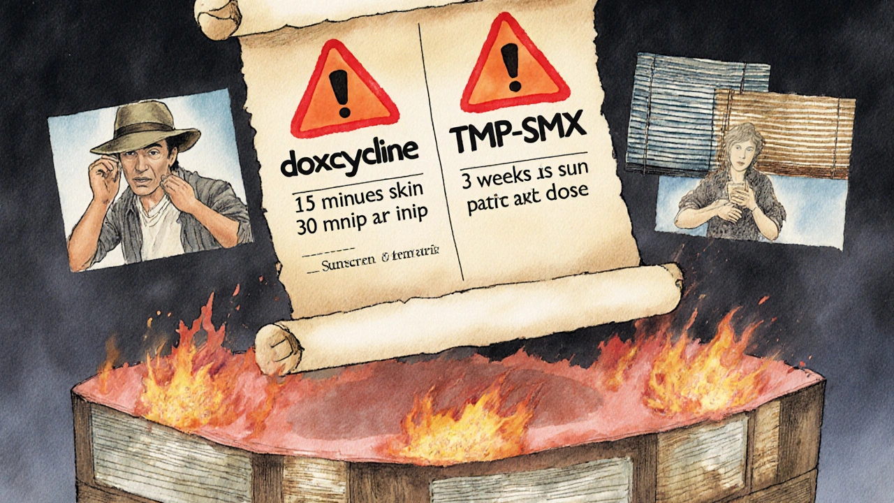 A medieval-style medical chart showing antibiotic risks and sun protection timeline.