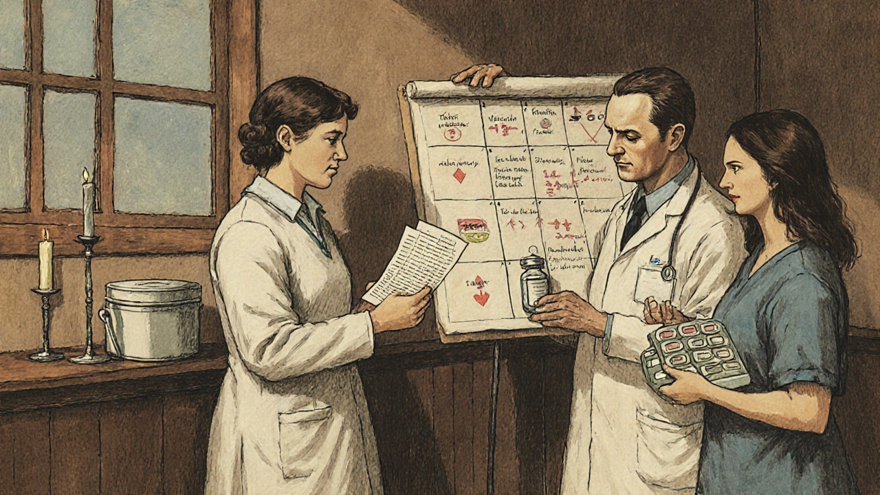 A patient receiving discharge instructions with a doctor and pharmacist reviewing a medication chart.