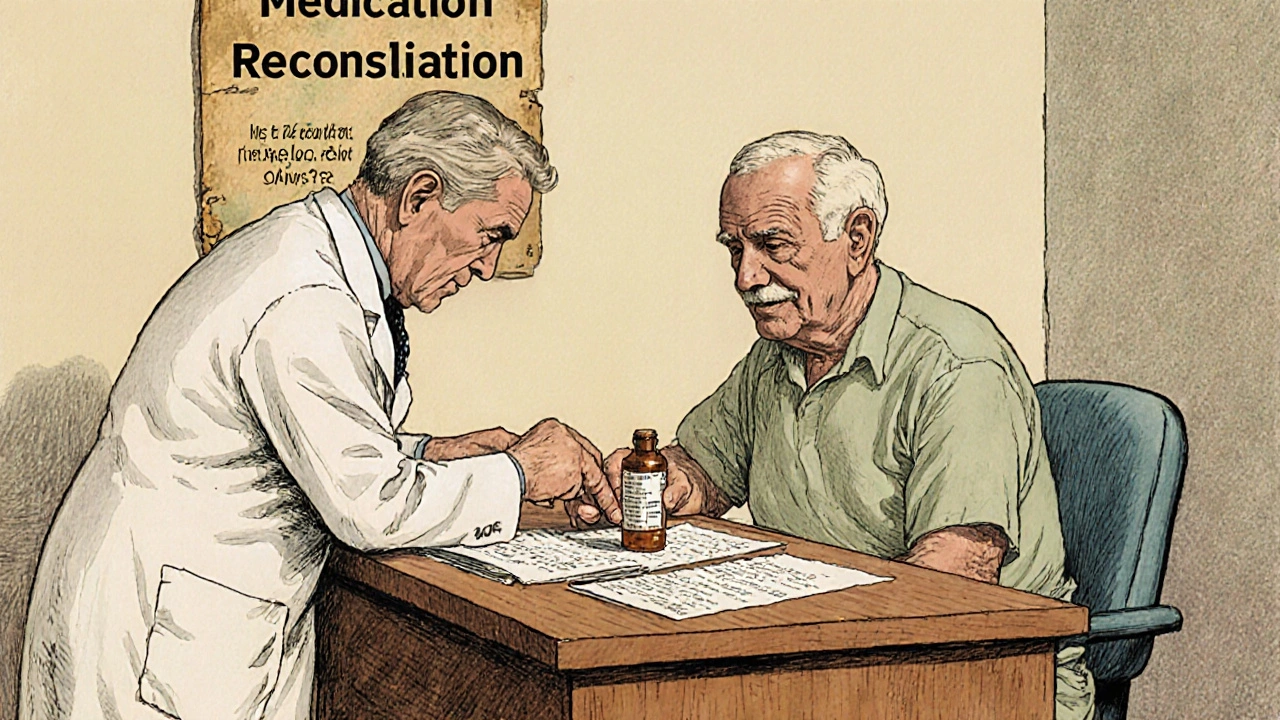 A pharmacist and patient reviewing actual medications during hospital discharge.